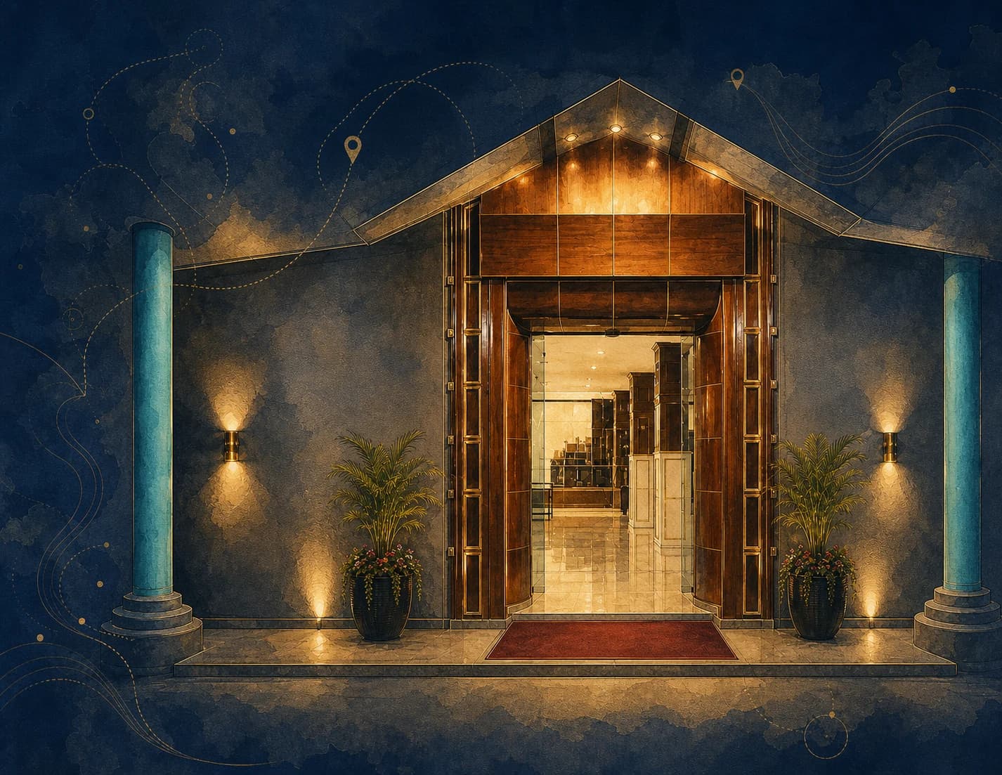 Illustrated welcoming entrance at The Crown Hotel