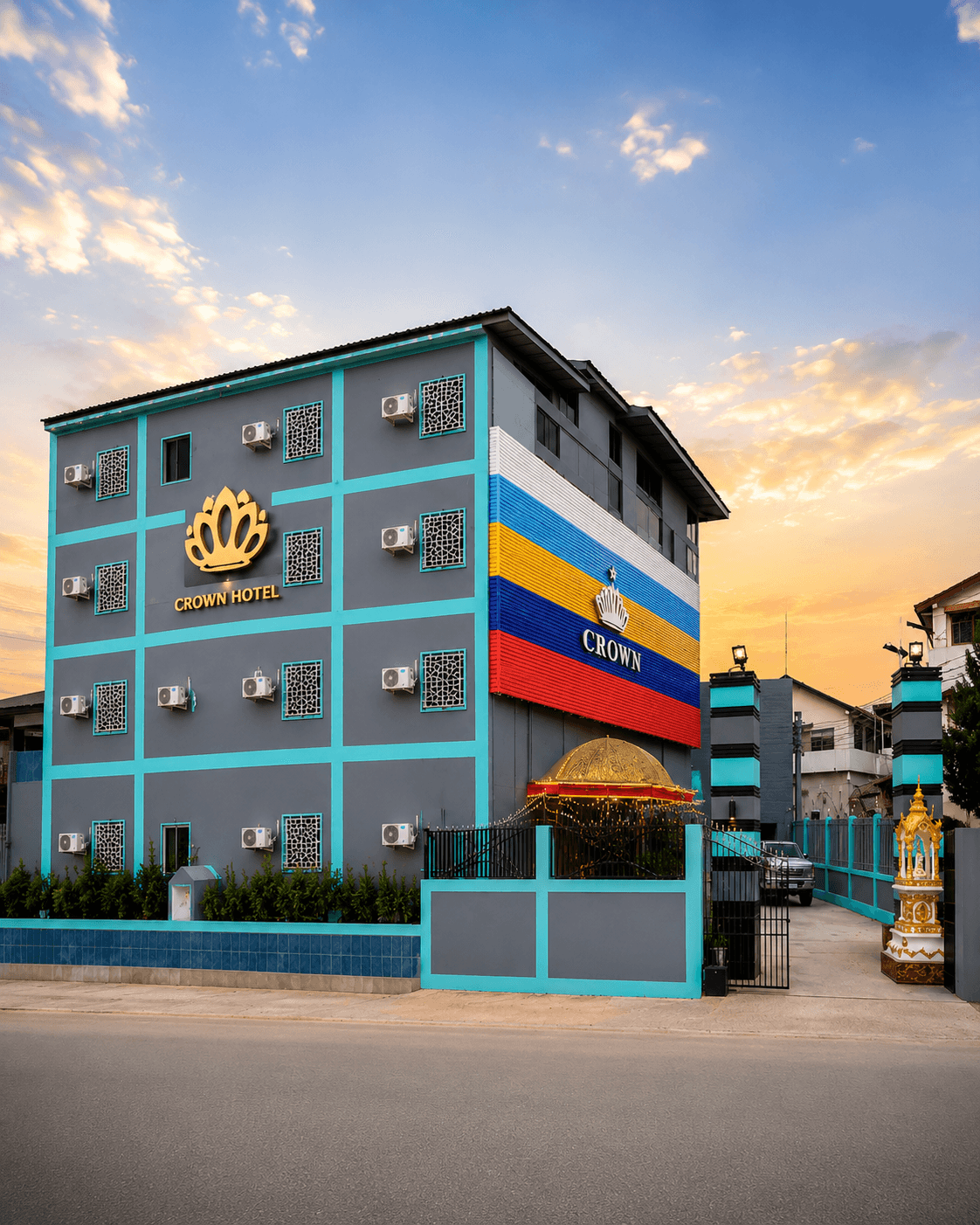 The Crown Hotel exterior at sunset